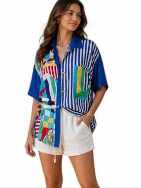 Vintage Color FX 100% Silk Nautical Print Button Front Blouse – Size M